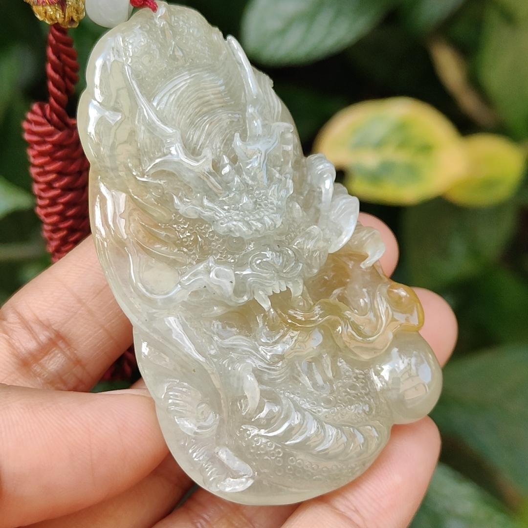 Premium Quality Yellow Natural Type A Jadeite Jade crafted with Dragon as Pendant, certificate weighs 53.72 grams, measurement 67.3 * 37.5 * 12.9 mm (pendant240) Yi Pin Qian
