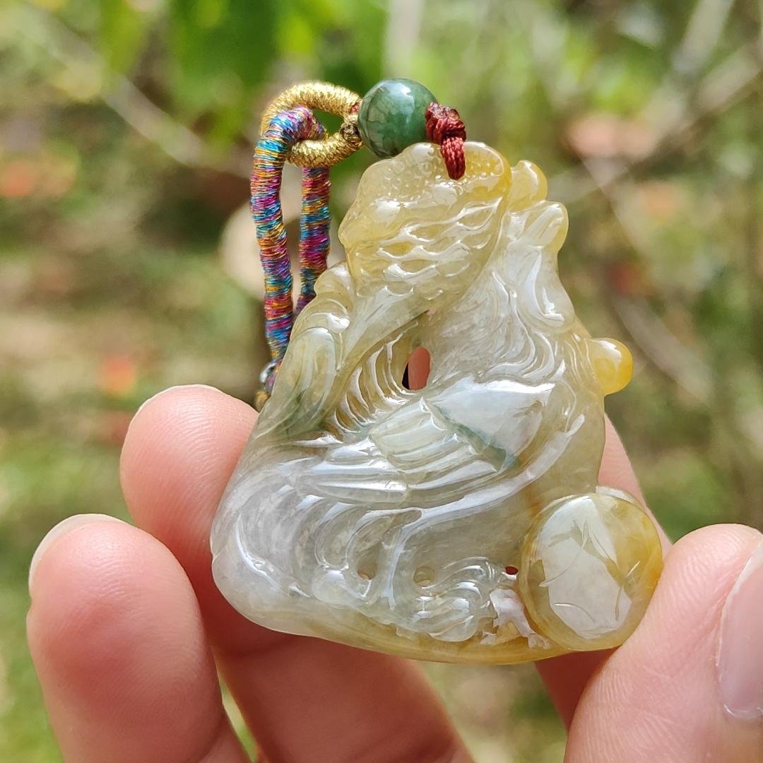 Premium Quality Yellow and Green Natural Type A Jadeite Jade crafted as Rooster with Ruyi as pendant necklace with certificate weigh 17.7 grams, measurement 41.6 * 34.8 * 7.5 mm (pendant208) Yi Pin Qian