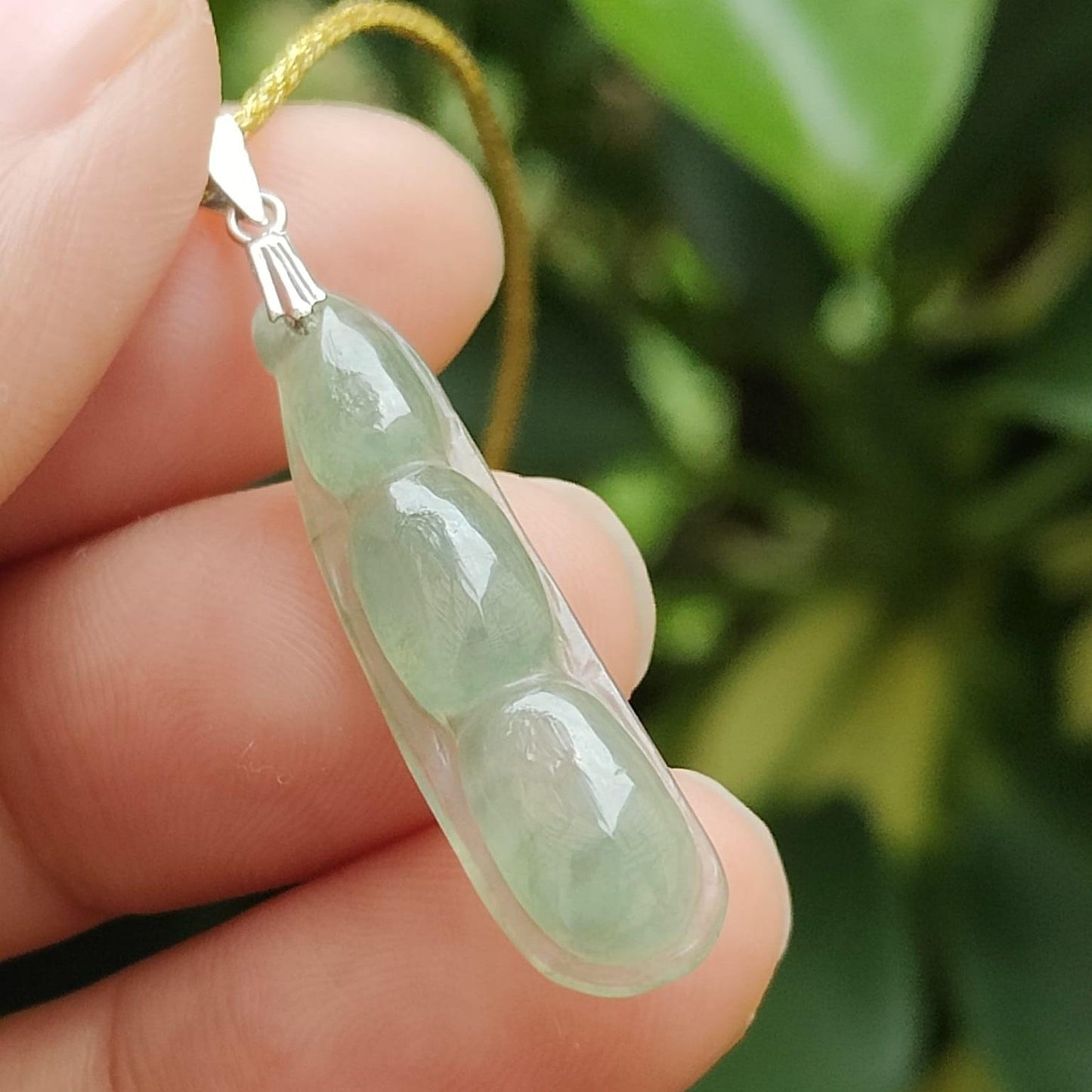 Icy Translucent Jadeite Triple Prosperity Bean Pendant – 18K Clasp, Light Green Hue (Sku: 18kp126)