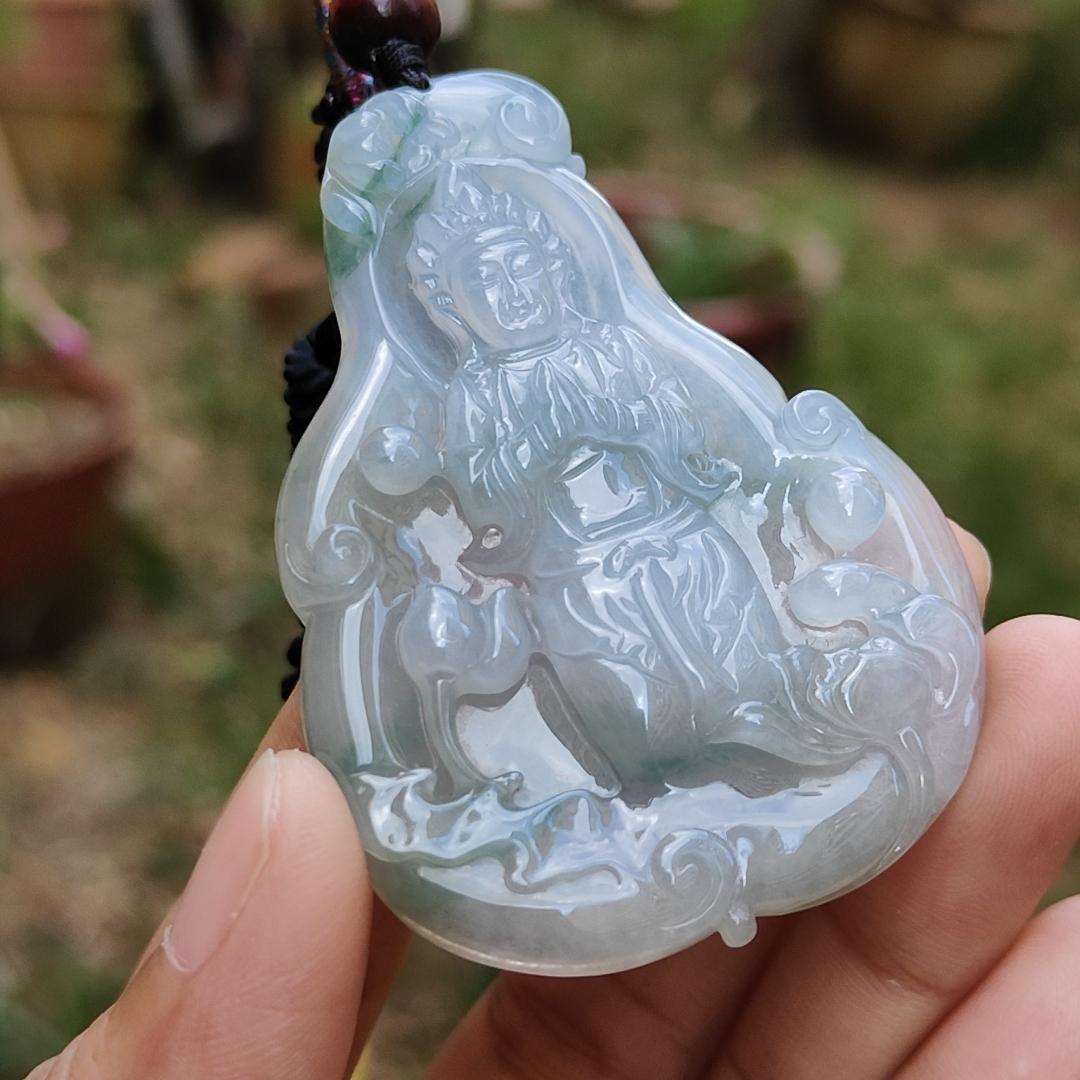 High Quality Light Lavender, Light Green with Yellow patches Natural Type A Jadeite Jade crafted with Guanyin as Pendant, certificate weigh 27.22 grams, measurement 63 * 44.3 * 6.8 mm (pendant229) Yi Pin Qian