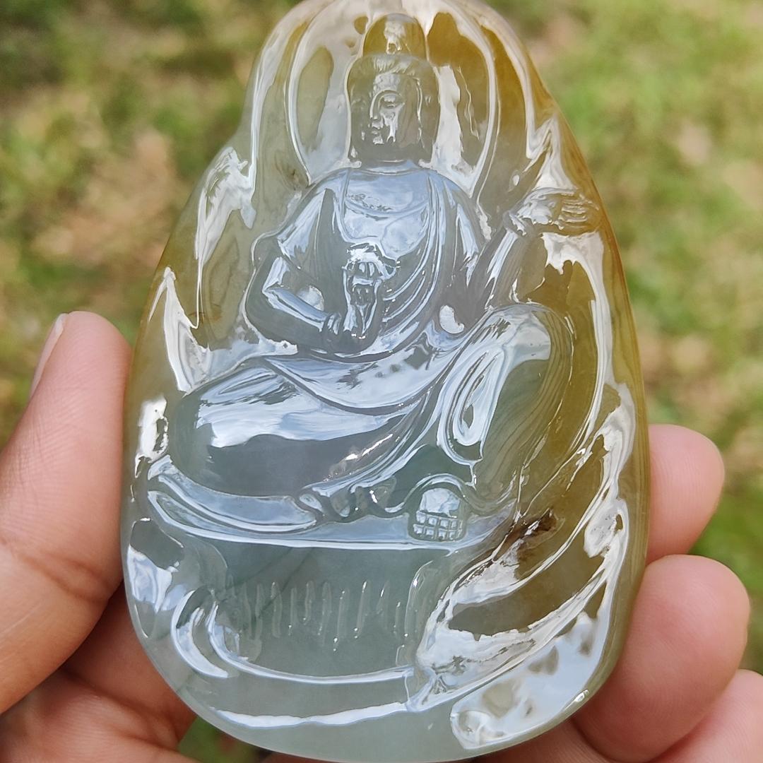 Hugh High Quality Light Green, Yellow Brown and Red Natural Type A Jadeite Jade crafted as Guanyin for Pendant, certificate weighs 79.47 grams, measurement 83.3 * 52.6 * 8.5 mm (pendant282) Yi Pin Qian