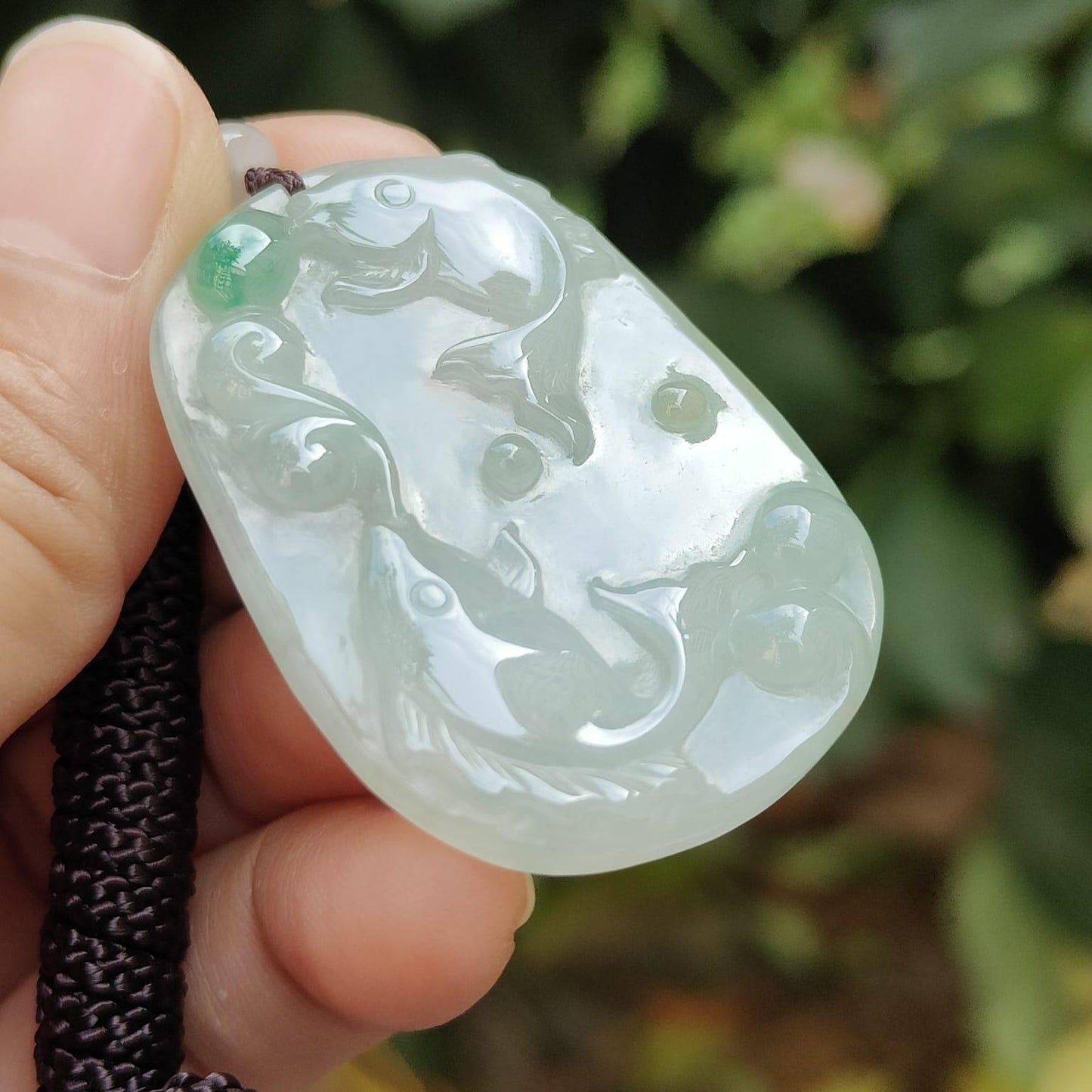 Crafted with pair of fish on Natural Type A Jadeite Jade as pendant certificate weighs 13.22 grams, measurement 42.8 * 30.3 * 5.2 mm (pendant343) Yi Pin Qian Jadeites Jade Jewelry ~Your Precious Quintessential ~ Singapore