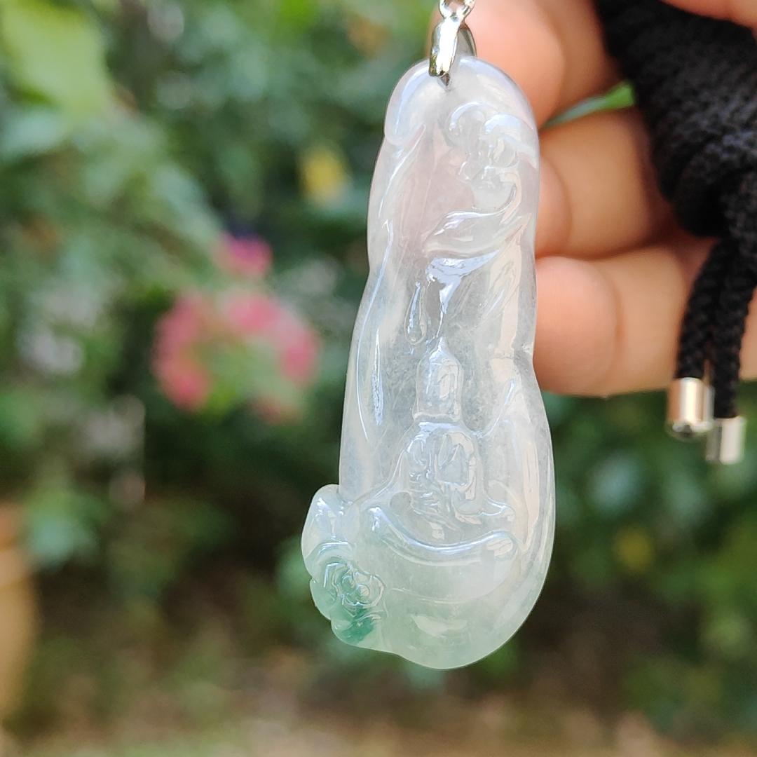 Icy variety Translucent with green Natural Type A Jadeite Pendant Necklace crafted as the faceless buddha with symbols of Holy and blessed blessings of wealth, prosperity and happiness with certificate weigh 11.02 grams, 49.9 * 19.9 * 7 mm (pendant34) Yi Pin Qian