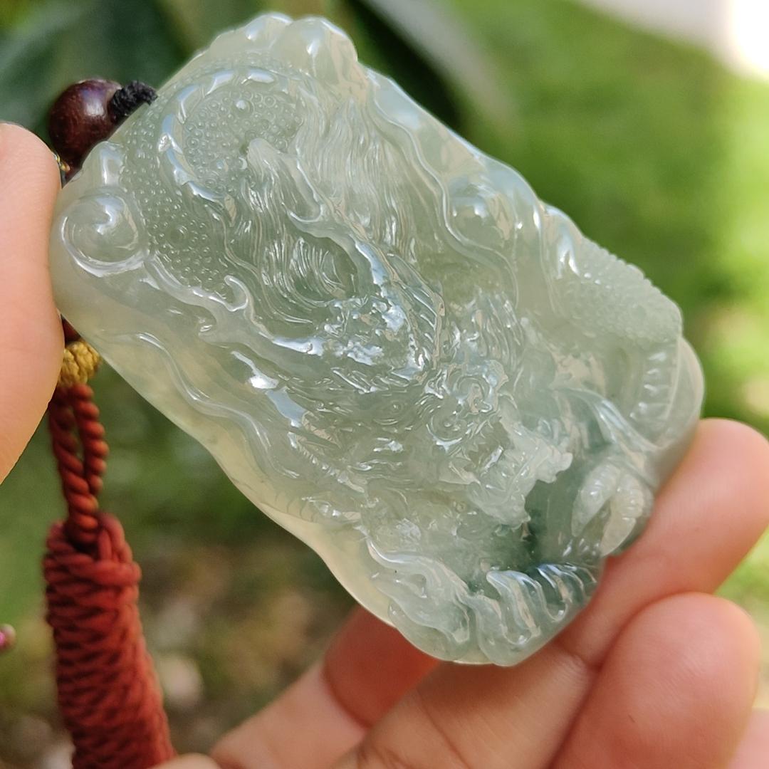 Premium Full Green with Green patches Rare Natural Type A Jadeite Jade Pendant Necklace Crafted as Dragon with certificate weigh 40.07 grams, 53.6 * 36 * 12.3 mm (pendant168) Yi Pin Qian