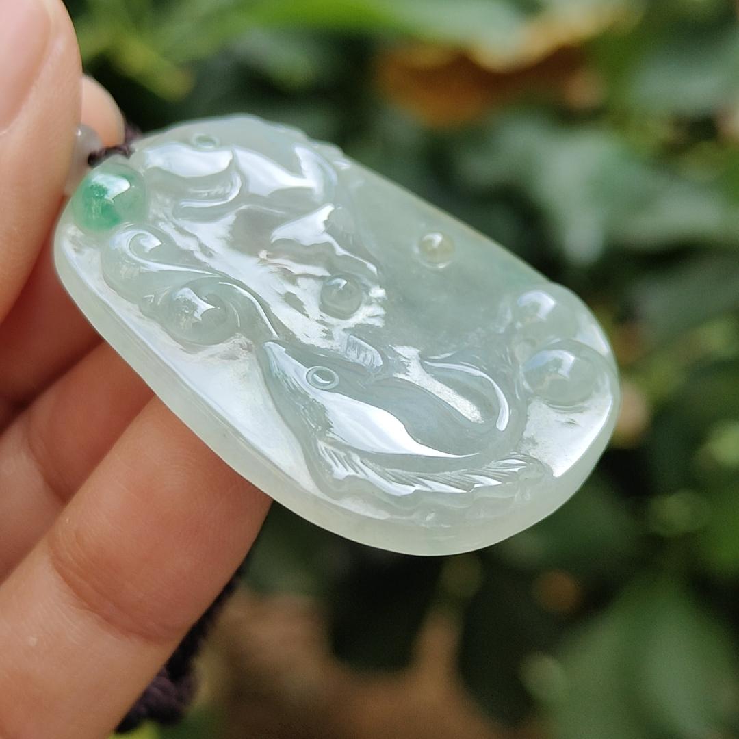 Crafted with pair of fish on Natural Type A Jadeite Jade as pendant certificate weighs 13.22 grams, measurement 42.8 * 30.3 * 5.2 mm (pendant343) Yi Pin Qian Jadeites Jade Jewelry ~Your Precious Quintessential ~ Singapore
