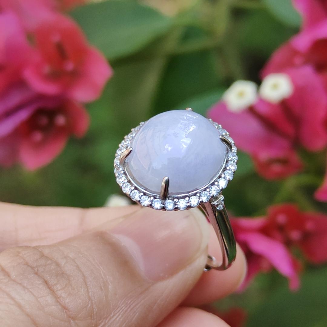 Lavender Cabochon set on S925 Silver adjustable ring Natural Type A Jadeite with QIC Labs approved certificate included weigh 3.99 grams, 13.8 * 12.3 * 5.7 mm suitable for all occasions (s925ring1) Yi Pin Qian