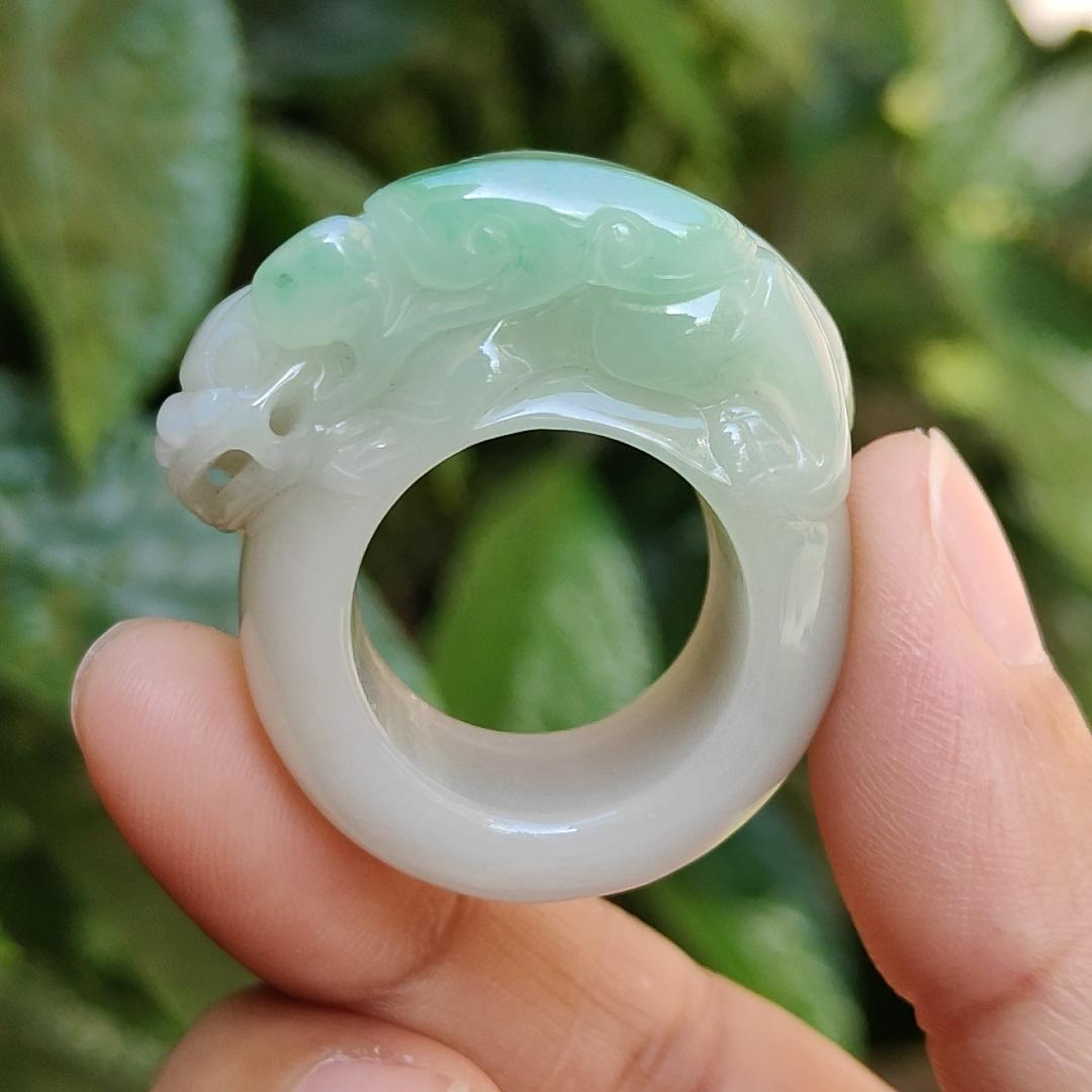 Rare Quality Light Green with White Natural Type A Jadeite Jade crafted with Pixiu and Ruyi as Ring, certificate weigh 31.97 grams, measurement 36.2 * 16 * 13, Finger size 19.5 mm (ring5) Yi Pin Qian