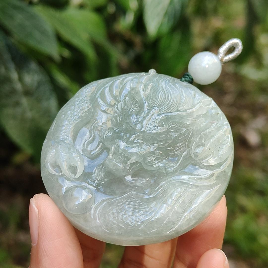 Premium Full Light Green Natural Type A Jadeite Jade Pendant Necklace crafted with Dragon with good glossy shines, certificate included weigh 77.81 grams, 55.5 * 55.5 * 13.8 mm (pendant169) Yi Pin Qian