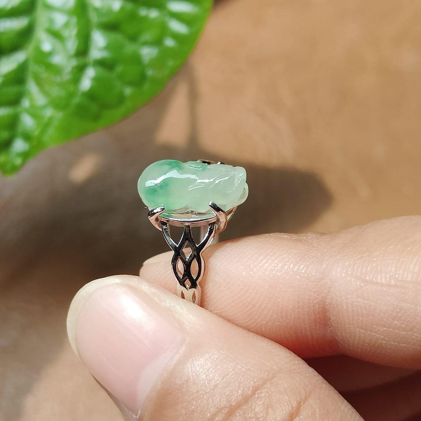 Crafted as Pixiu on Light Green Hue with Light Green Patches Natural Type A Jadeite Jade set with S925 as adjustable ring, certificate weighs 2.01 grams, measurement 11.8 * 5.5 * 3.8 mm (s925ring27) Yi Pin Qian Jadeites Jade Jewelry ~Your Precious Quintessential ~ Singapore