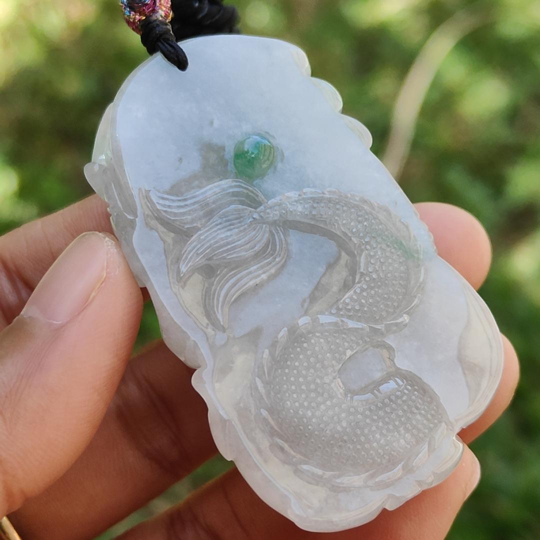 High Quality Semi Icy Translucent Light Green Light Lavender Natural Type A Jadeite Jade crafted with Dragon as Pendant, certificate weighs 35.24 grams, measurement 55.7 * 33.3 * 13.3 mm (pendant264) Yi Pin Qian