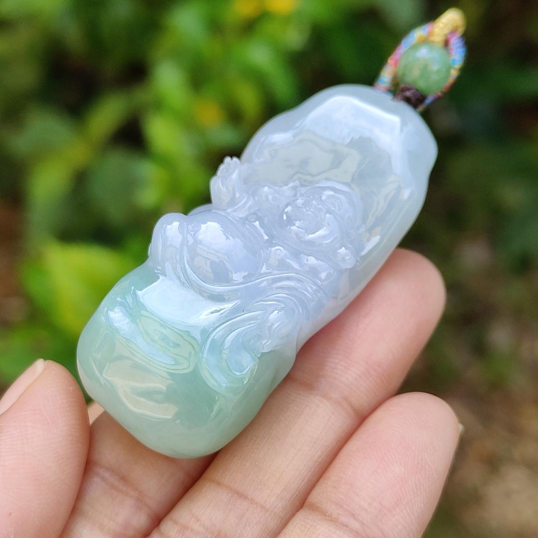 Lavender and Green Natural Type A Jadeite Pendant crafted with Milo Buddha represent Compassionate, tolerant, optimistic and open-minded with certificate weight 29.40 grams, 50.80 * 20.80 * 13.60 mm suitable for daily wear (pendant108) Yi Pin Qian