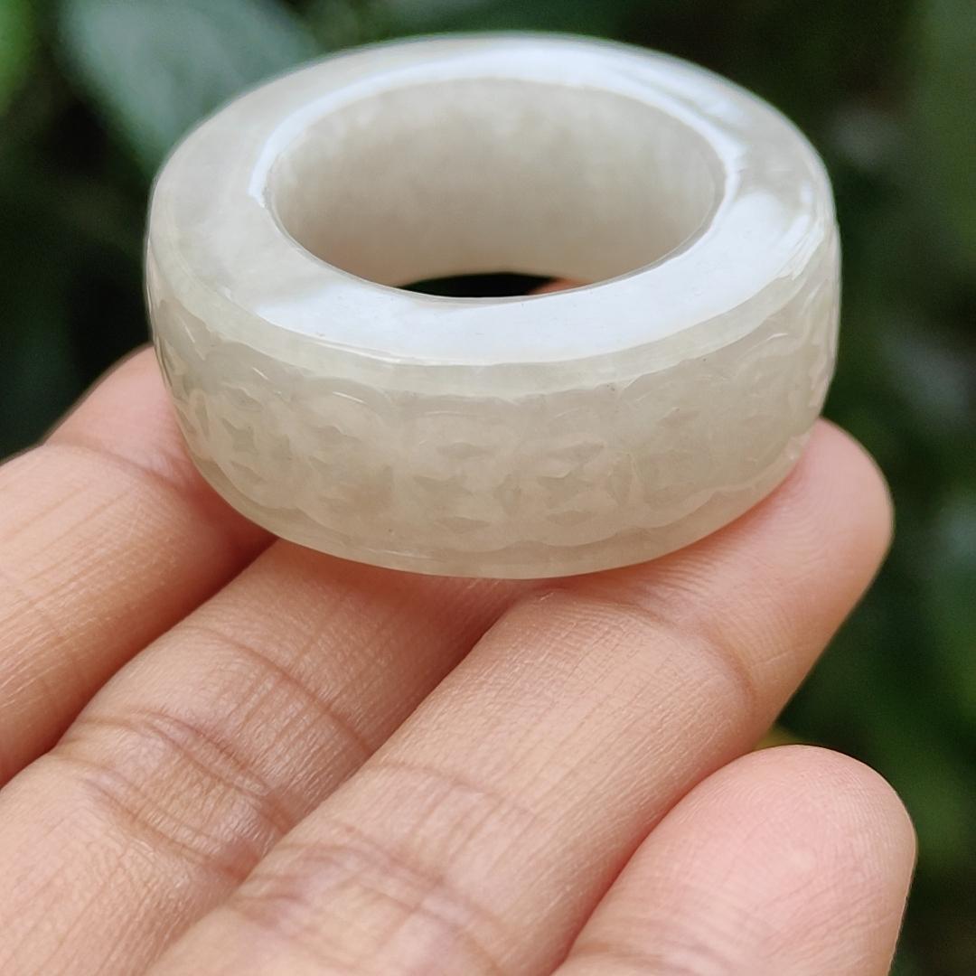Quality White Natural Type A Jadeite Jade crafted with many coins as Ring with Finger size 21 mm, QIC approved labs certificate weigh 22.07 grams, measurement 12.5 * 6.7 mm (ring6) Yi Pin Qian