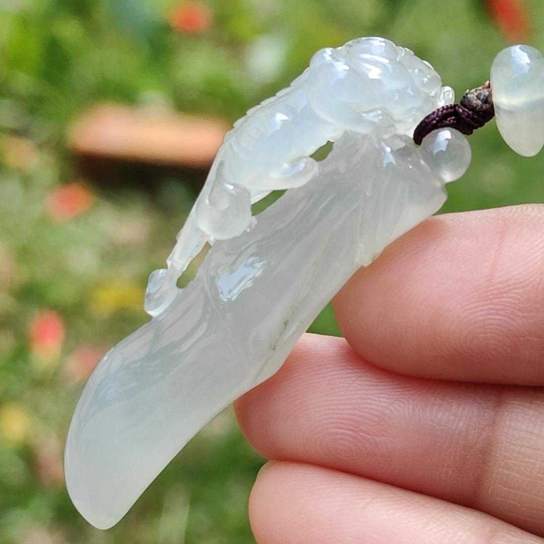 Premium Semi Icy with Light Green Hue Natural Type A Jadeite Jade crafted with Pixiu as a Pendant, certificate included weigh 12.61 grams, measurement 492. * 17.1 * 8.7 mm (pendant202) Yi Pin Qian