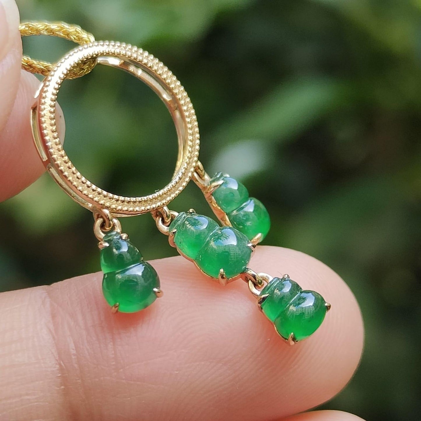 Four Green Gourd Shape Natural Type A Jadeite Jade set with 18k as Pendant, certificate weighs 1.66 grams (18kp93) Yi Pin Qian Jadeites Jade Jewelry ~Your Precious Quintessential ~ Singapore