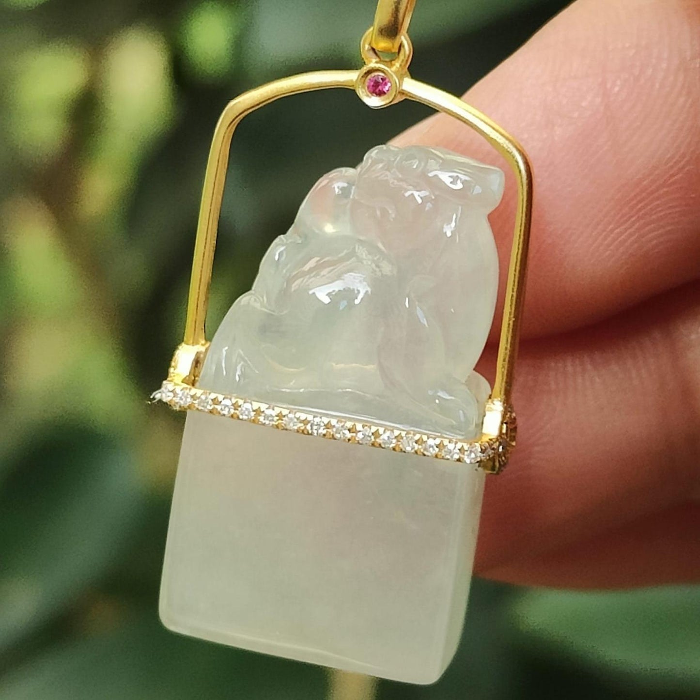 Beautifully Crafted Pixiu Stamp Pendant on Icy Translucent Natural Type A Jadeite Jade set with 18k certificate weighs 6.95 grams, measurement 33.9 * 16.6 * 8.5 mm (18kp100) Yi Pin Qian Jadeites Jade Jewelry ~Your Precious Quintessential ~ Singapore