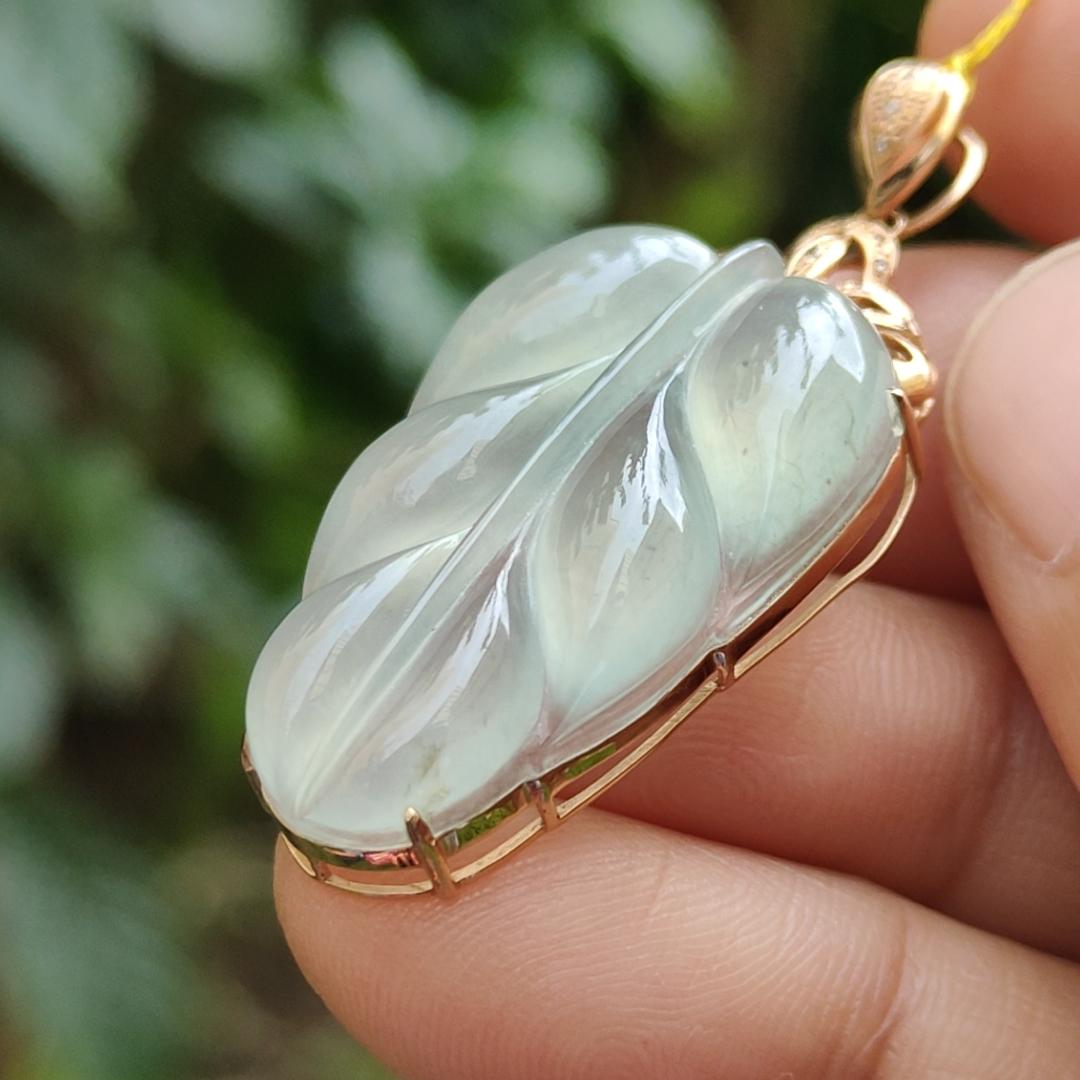 Premium Quality Icy Translucent Light Green Hue Natural Type A Jadeite Jade crafted as Leaf set on 18k Gold as Pendant, certificate weighs 5.07 grams, measurement 40.5 * 18 * 7.5 mm (18kp42) Yi Pin Qian