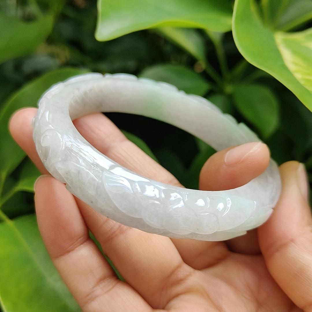 Type A Natural Jadeite Jade - Light Lavender Light Green Peace Bangle crafted with Patterns of Flowers, certificate weighs 54.67 grams, Wrist Size 56.6mm, Width 11.7 and Thickness 9mm (bangle11) Yi Pin Qian Jadeites Jade Jewelry ~Your Precious Quintessential ~ Singapore