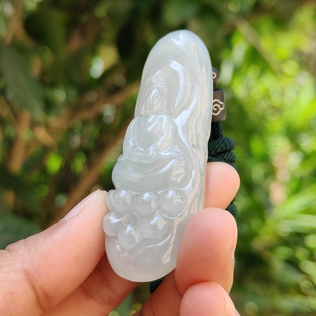High Quality Light Green Hue Natural Type A Jadeite Jade crafted with Faceless Guanyin as Pendant, Certificate weighs 33.26 grams, measurement 63.8 * 23.6 * 12.2 mm (pendant237) Yi Pin Qian