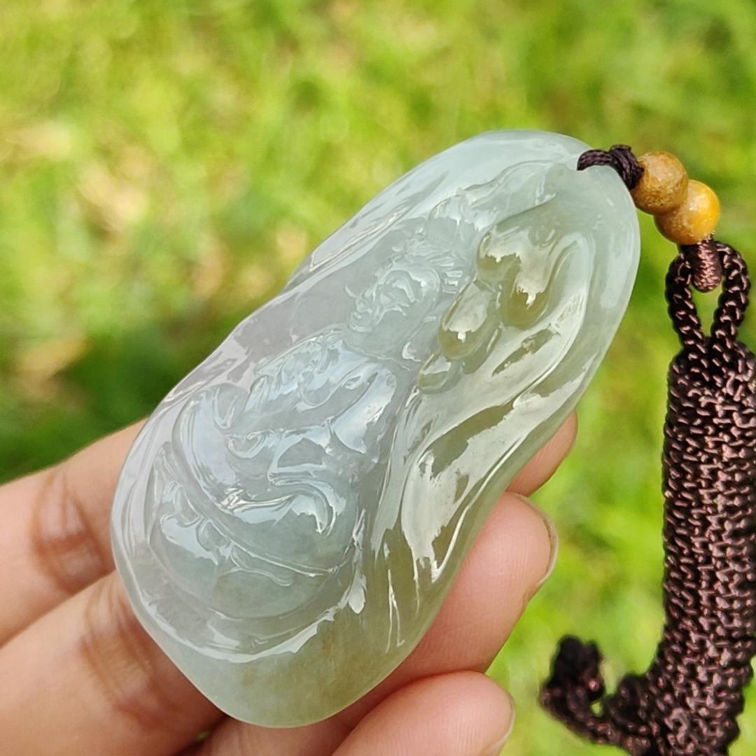 Light Green and Yellow Natural Type A Jadeite Jade Pendant Necklace crafted with Guanyin, certificate included weigh 34.84 grams, Measurement 52 * 35.9 * 11.1 mm (pendant176) Yi Pin Qian