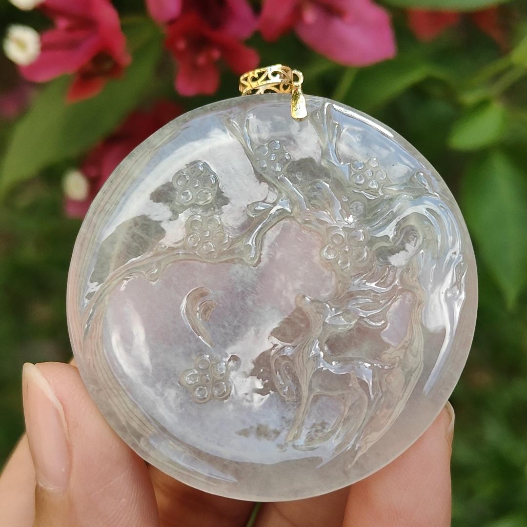 High Premium Icy Variety Quality Natural Type A Jadeite Jade Pendant Necklace crafted as Deer meaning all the way with you with certificate weigh 21.24 grams, measurement 46.9 * 47 * 4.8 mm (18kp10) Yi Pin Qian