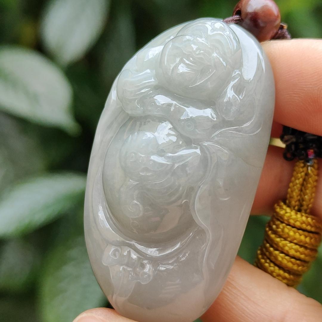 High Quality Light Green Hue Natural Type A Jadeite Jade crafted as Milo Buddha for Pendant, certificate weighs 44.34 grams, measurement 52.6 * 29.6 * 17.5 mm (pendant289) Yi Pin Qian
