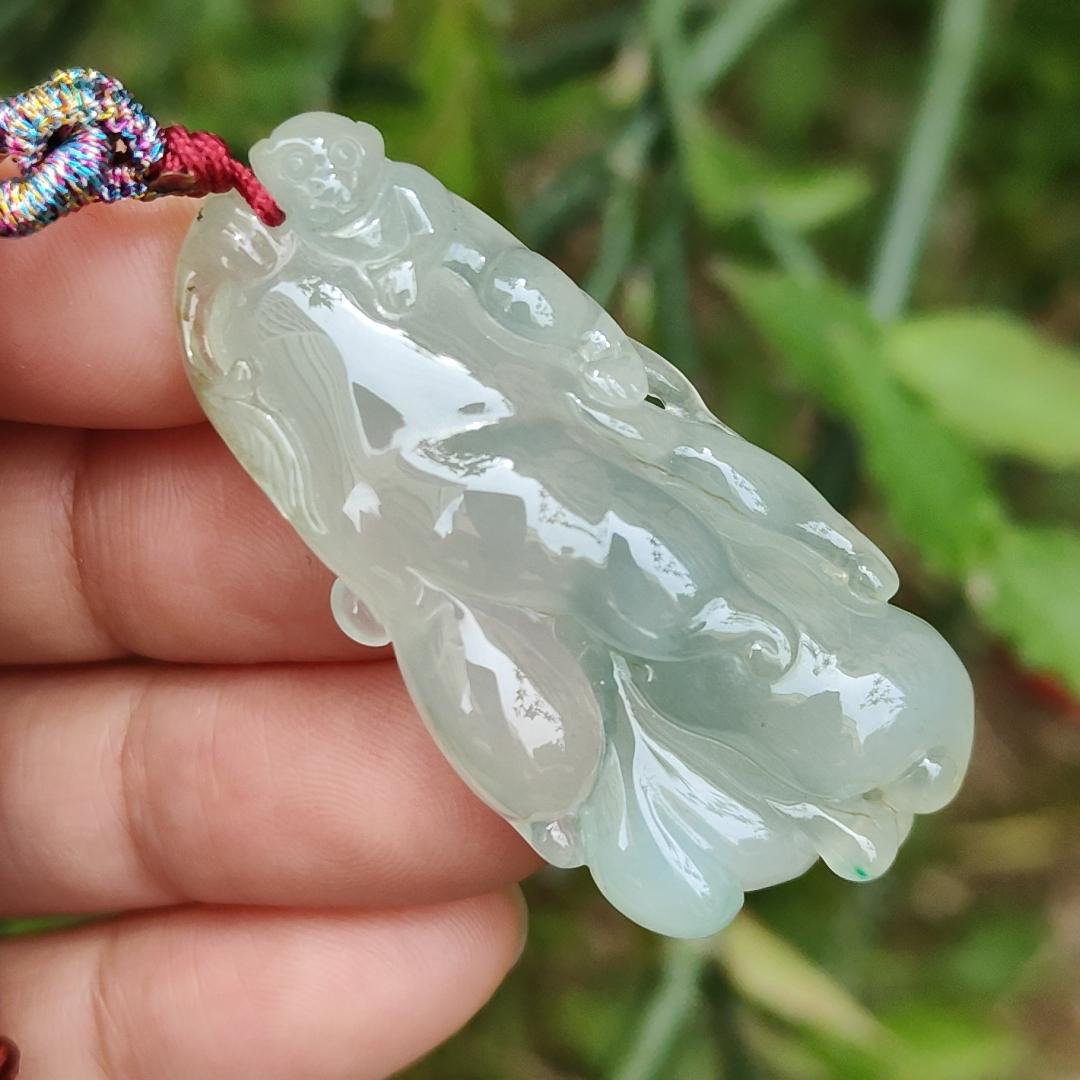 Icy with good translucent glossy texture Natural Type A Jadeite Pendant Necklace, Crafted with Monkey on Chayote symbols of Golden Monkey Brings Longevity and Double Blessings, certificate included weigh 16.84 grams, 44 * 21.3 * 11.8 mm, collectible jade Yi Pin Qian