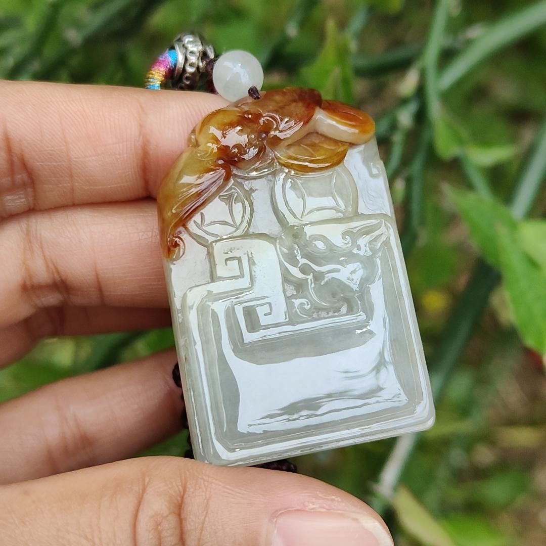 Collectible Rare Brown with Red Natural Type A Jadeite Pendant Necklace crafted with Bat, Coins, Old school Style Dragon and chinese word blessing, Symbols of Money, Luck and lots of blessing, Certificate included weigh 25.61 grams, 45.5 * 29.9 * 7.5 mm Yi Pin Qian