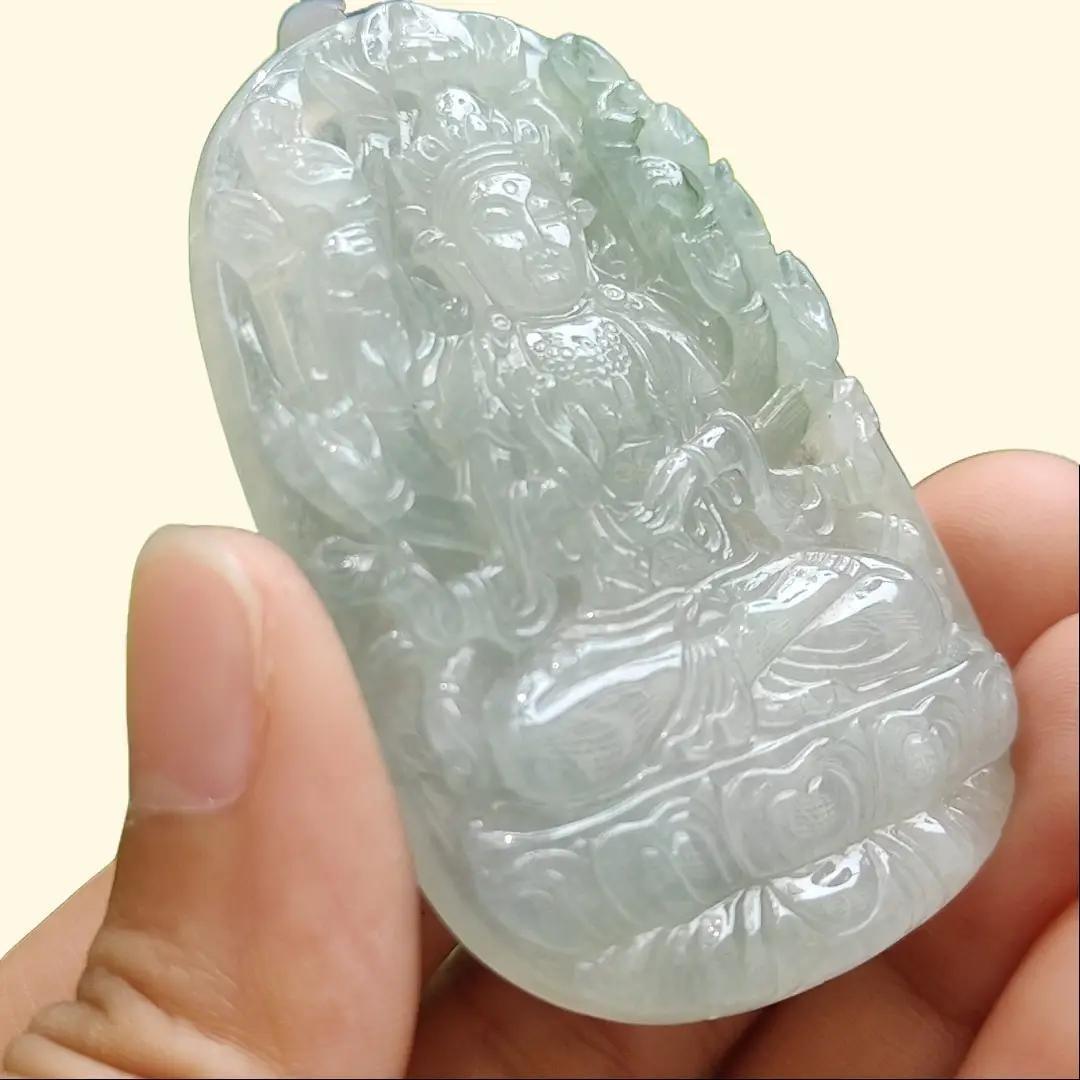 High Quality Light Green Hue Good Translucent Natural Type A Jadeite Jade crafted with Thousand Hands Guanyin as Pendant, certificate weighs 31.12 grams, measurement 57.6 * 38.4 * 6.8 mm (pendant293) My Store