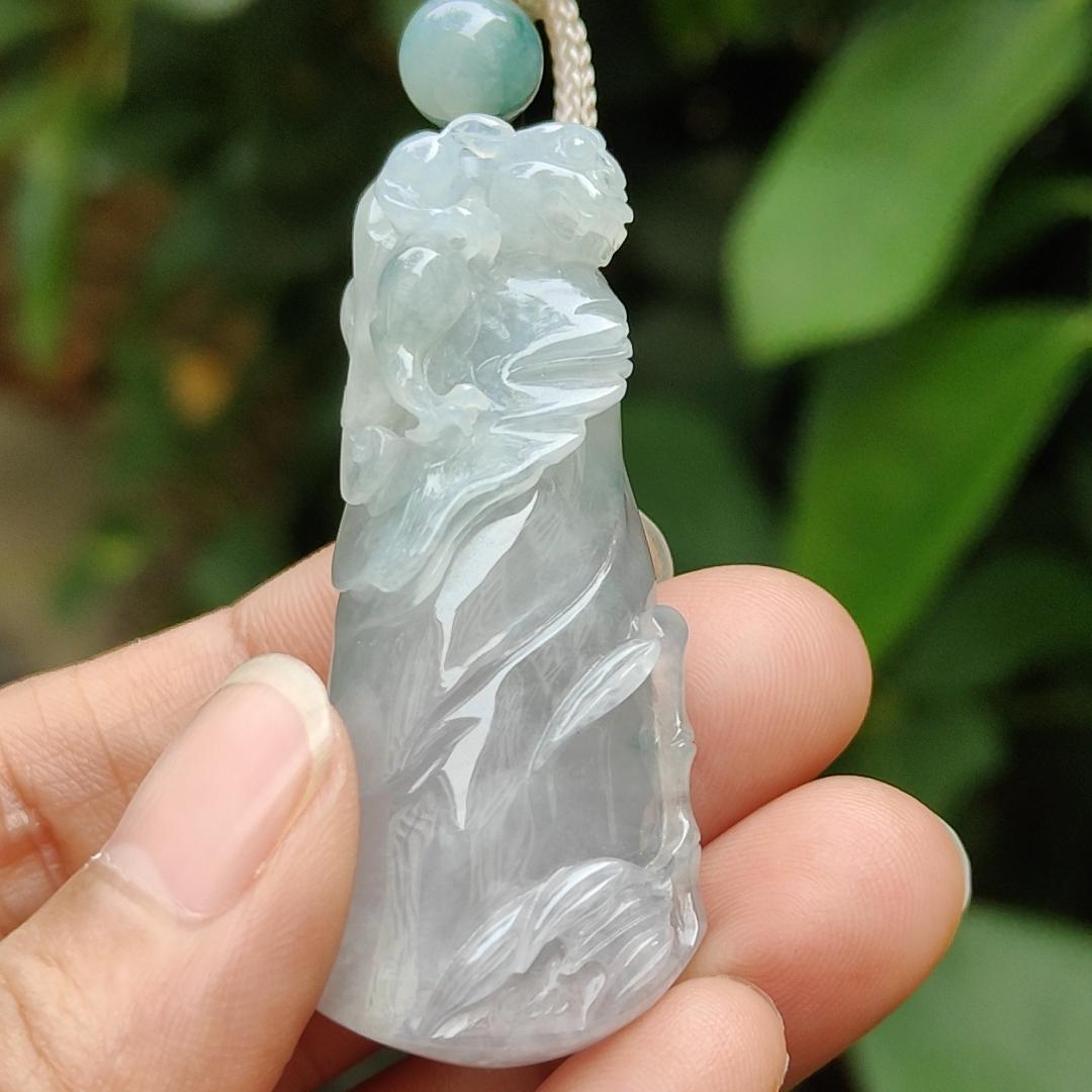 A Bamboo with Pixiu Crafted on Light Green Hue with Light Lavender Natural Type A Burmese Jadeite Jewellery certificate weighs 23.91 grams, measurement 50.3 * 20.6 * 12.8 mm (pendant 318) Yi Pin Qian Jadeites Jade Jewelry ~Your Precious Quintessential ~ Singapore