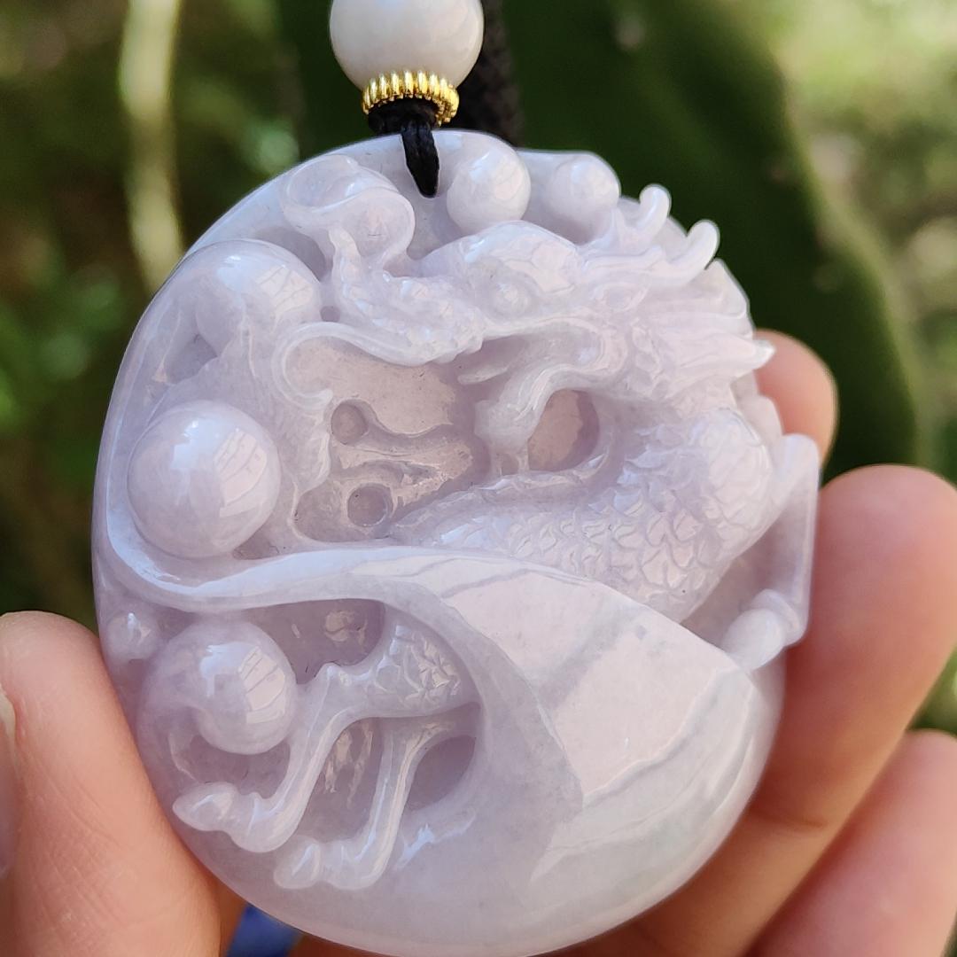 Light Lavender Qilin Natural Type A Jadeite Pendant with certificate weigh 51.04 grams, 51.3 * 46.6 * 12 mm, symbols of Auspicious, peaceful, and happy, suitable for daily wear (pendant62) Yi Pin Qian