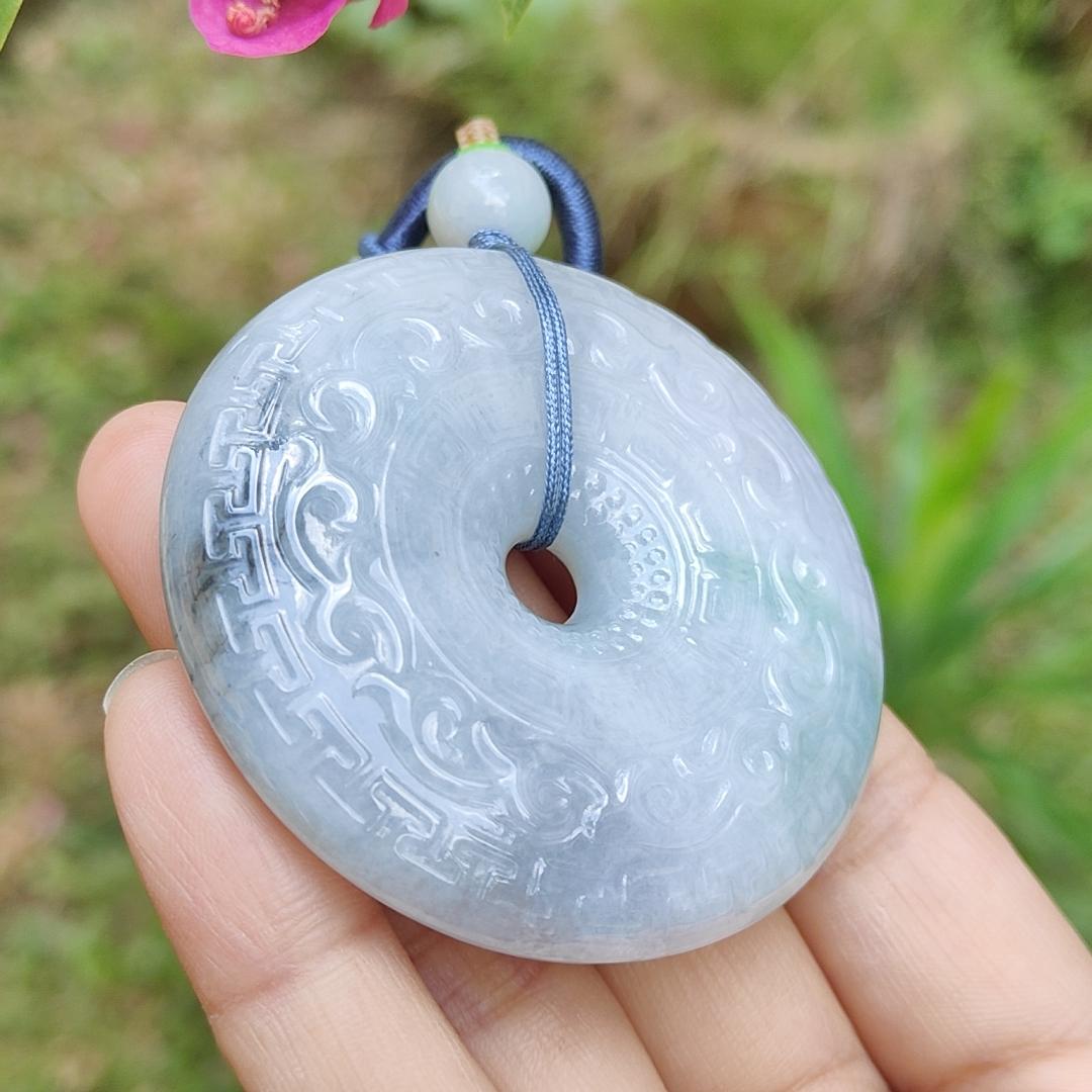 Hugh Natural Type A Jadeite Pendant Crafted as Dounut with beautiful archaize style with floating green and some wuji with Purple Hue, QIC Labs approved cert weigh 71.13 grams, 54.3 * 54.3 * 12.2 mm, symbols of Everything is going well (pendant64) Yi Pin Qian