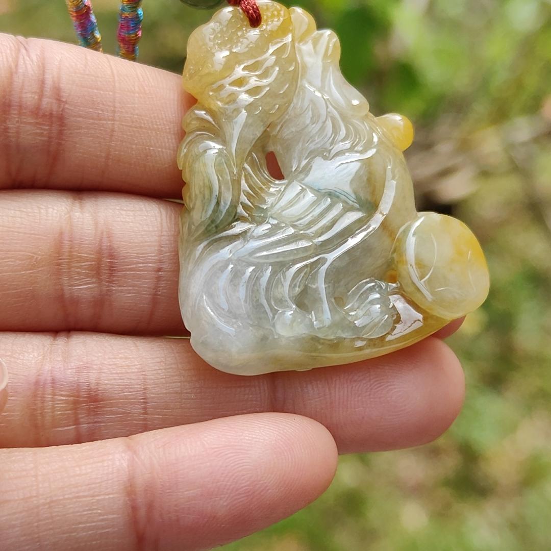 Premium Quality Yellow and Green Natural Type A Jadeite Jade crafted as Rooster with Ruyi as pendant necklace with certificate weigh 17.7 grams, measurement 41.6 * 34.8 * 7.5 mm (pendant208) Yi Pin Qian