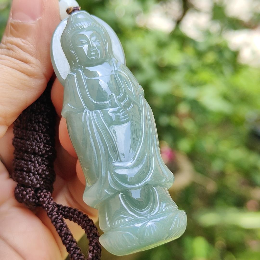 Good Quality Light Green Natural Type A Jadeite Jade crafted with standing Guanyin as Pendant, certificate weighs 31.45 grams, measurement 65.2 * 24.1 * 11 mm (pendant259) Yi Pin Qian