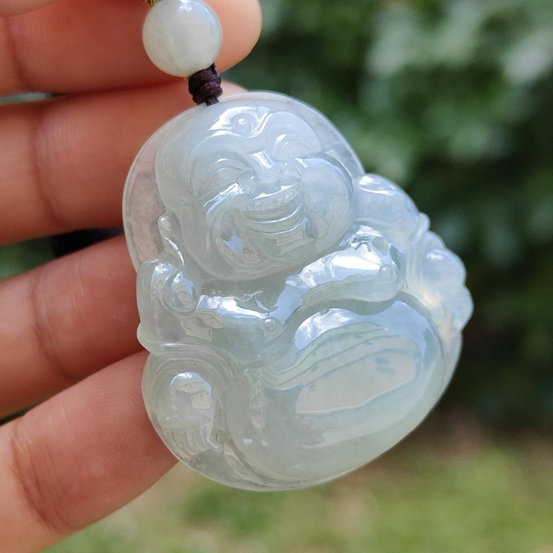 Premium Quality with good density and light green bluish hue Natural Type A Jadeite Pendant Necklace crafted with Laughing Buddha, certificate included weigh 17.14 grams, 36.7 * 34.2 * 8.7 mm, a good collection or for your daily wear (pendant32) Yi Pin Qian