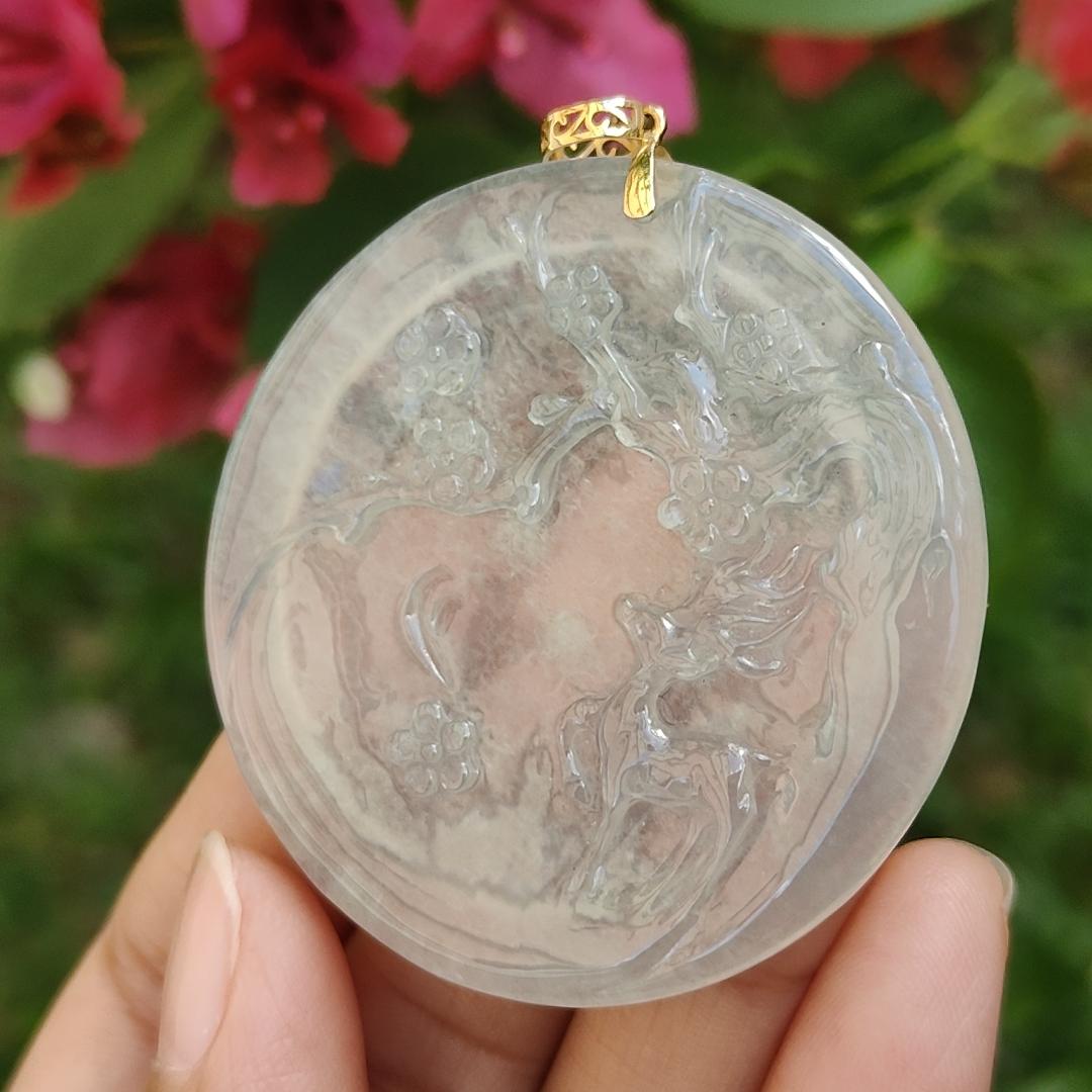 High Premium Icy Variety Quality Natural Type A Jadeite Jade Pendant Necklace crafted as Deer meaning all the way with you with certificate weigh 21.24 grams, measurement 46.9 * 47 * 4.8 mm (18kp10) Yi Pin Qian