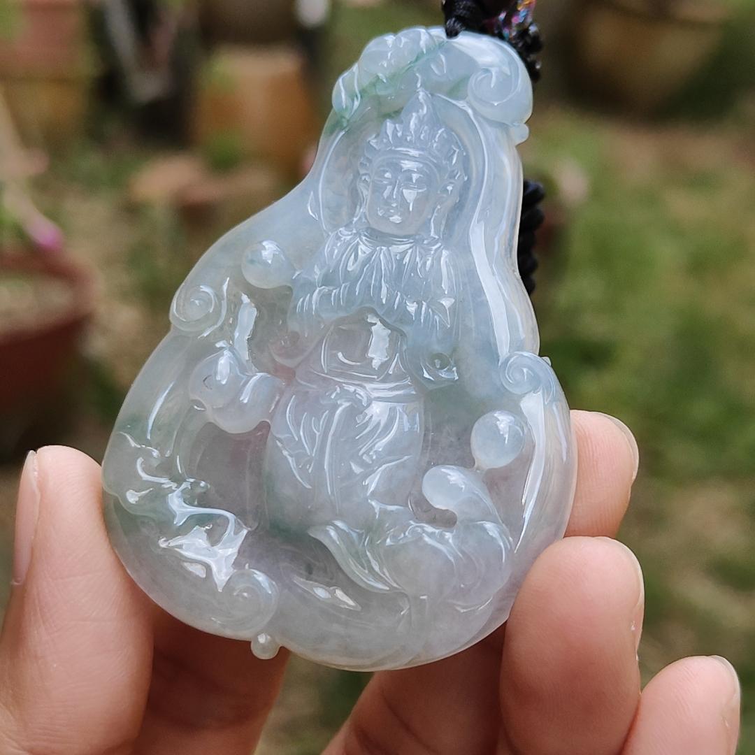 High Quality Light Lavender, Light Green with Yellow patches Natural Type A Jadeite Jade crafted with Guanyin as Pendant, certificate weigh 27.22 grams, measurement 63 * 44.3 * 6.8 mm (pendant229) Yi Pin Qian