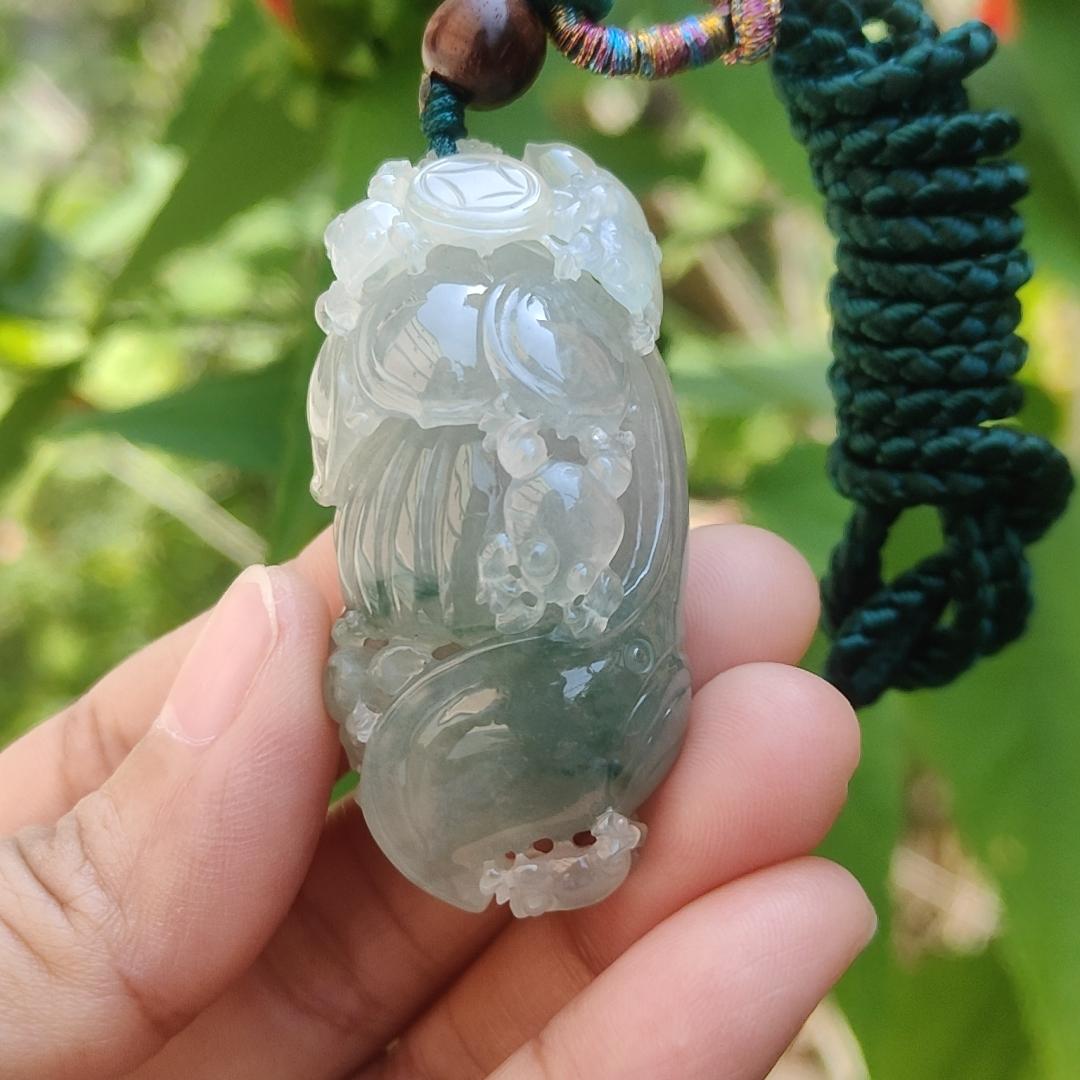 Premium Light Green Semi Icy Natural Type A Jadeite Jade Pendant crafted with frogs, coins and lotus with certificate weigh 35.12 grams, measurement 50.7 * 24.7 * 18.2 mm (pendant193) Yi Pin Qian