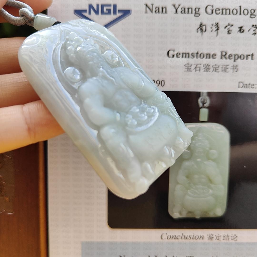 Fortune God with Heng Ong Huat Type A Natural Jadeite Jewelry Pendant with NGI Gemstone report pendant weight 56.18 gram , 59.45 * 37.1 * 10.26 mm - Translucent faint greenish blue (pendant141) Yi Pin Qian