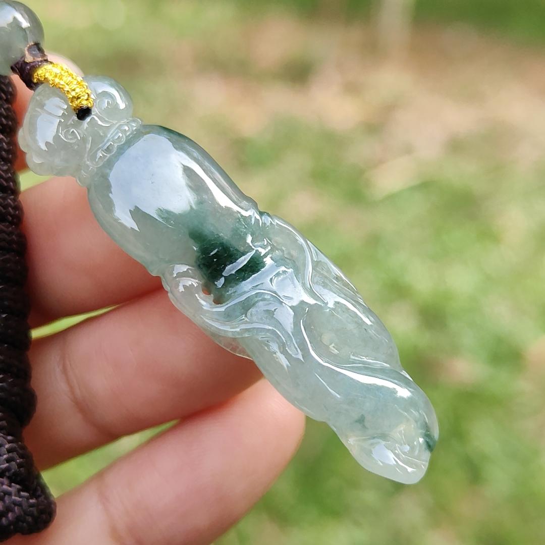 High Quality Light Green with Green Natural Type A Jadeite Jade crafted with shape of Ginseng as Pendant, certificate weighs 7.63 grams, measurement 48.2 * 12.7 * 7.1 mm (pendant277) Yi Pin Qian