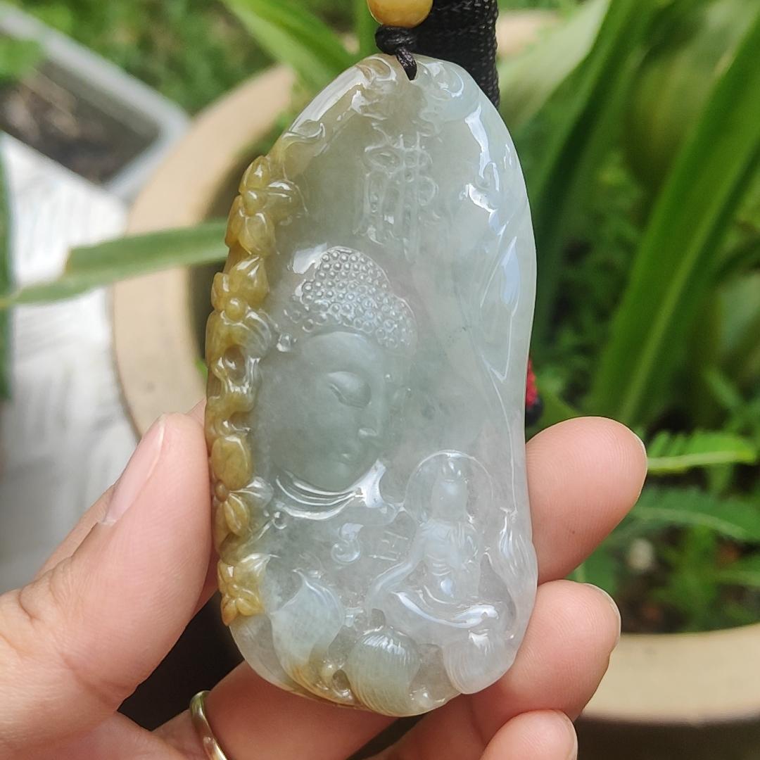 High Quality Yellow with Light Green Natural Type A Jadeite Jade crafted with Buddha and Monk as Pendant, certificate weigh 54.87 grams, measurement 71.6 * 35.6 * 9.5 mm (pendant262) Yi Pin Qian