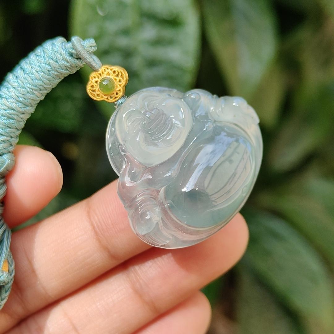 Old Pit Icy Bluish Green Natural Type A Jadeite Pendant Necklace crafted as Laughing Buddha with certificate weigh 13.48 grams, 27.7 * 31.6 * 7.2 mm (pendant162) Yi Pin Qian