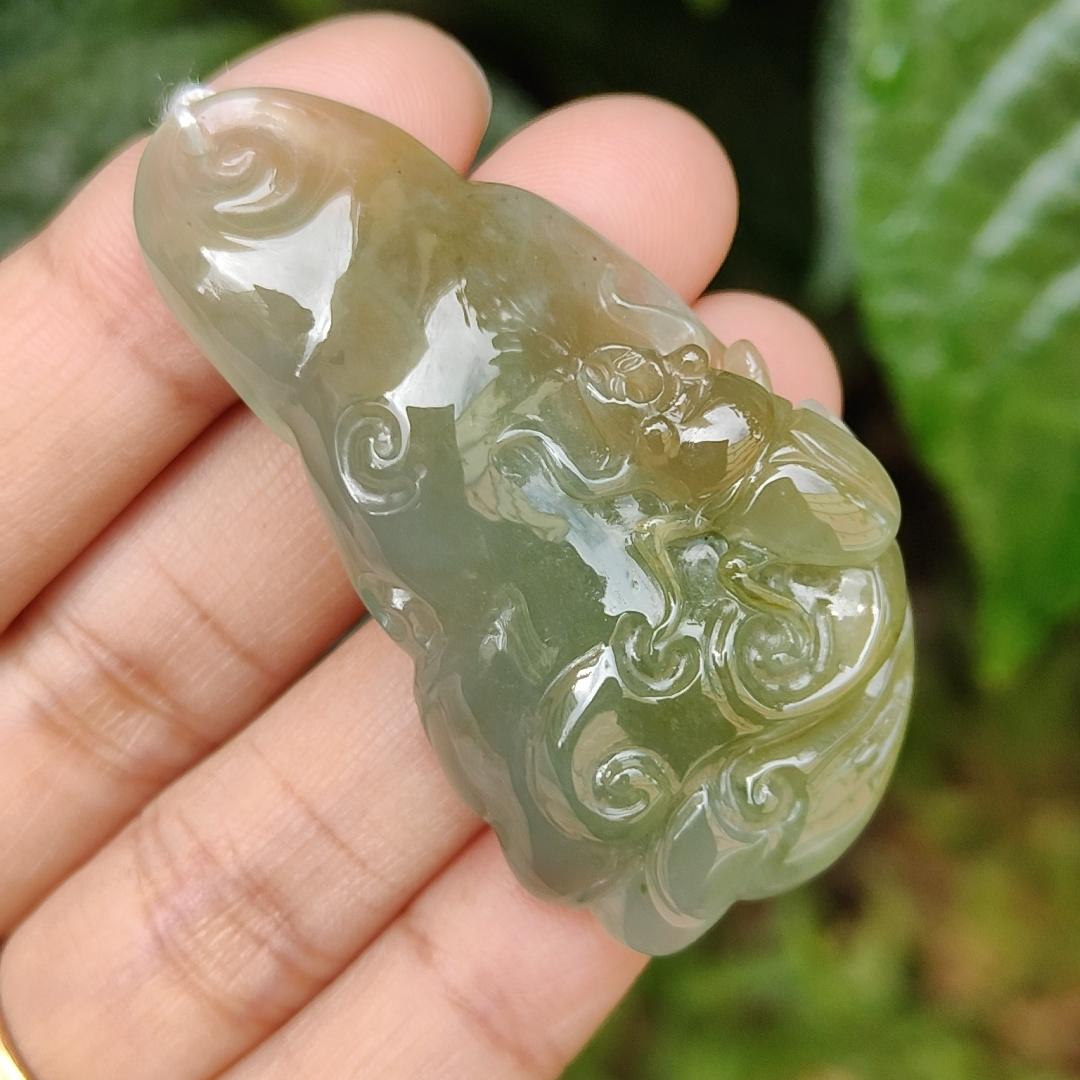 Green and Yellow Natural Type A Jadeite Pendant Necklace Crafted with Ruyi and Beetle, certificate included weigh 23.25 grams, 52.3 * 29 * 9.9 mm, symbols of A steady flow of wealth, protection from danger, safety and health (pendant163) Yi Pin Qian