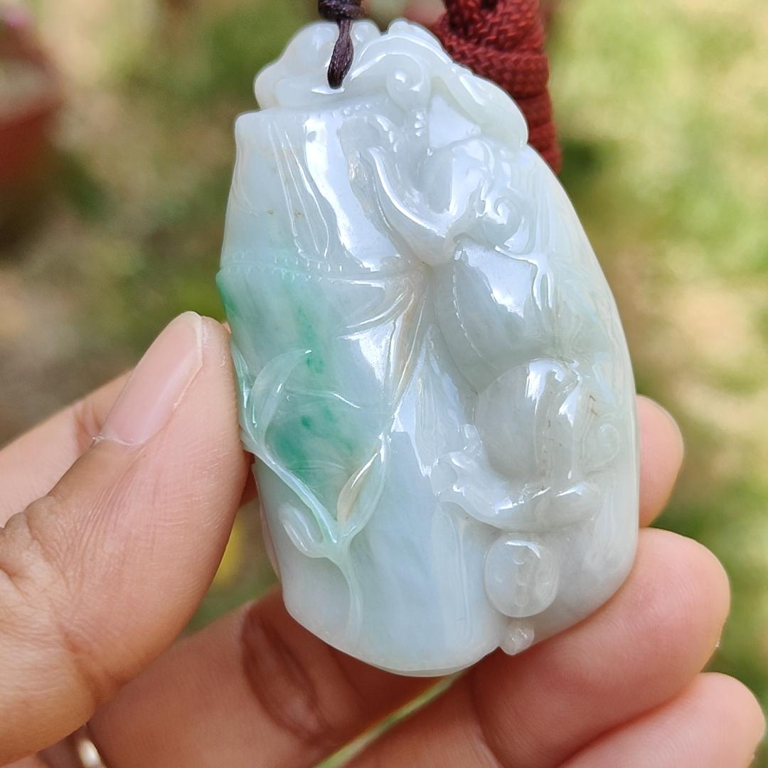 Green with yellow patches Natural Type A Jadeite Jade crafted as Bamboo with Pixiu as Pendant, certificate weigh 35.85 grams, measurement 52.3 * 31 * 12.2 mm (pendant223) Yi Pin Qian