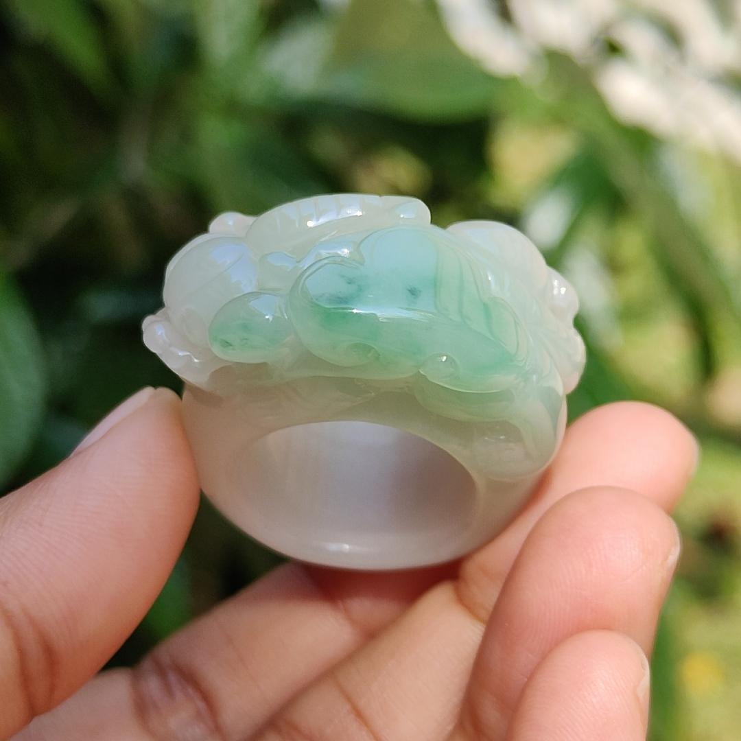 Rare Quality Light Green with White Natural Type A Jadeite Jade crafted with Pixiu and Ruyi as Ring, certificate weigh 31.97 grams, measurement 36.2 * 16 * 13, Finger size 19.5 mm (ring5) Yi Pin Qian