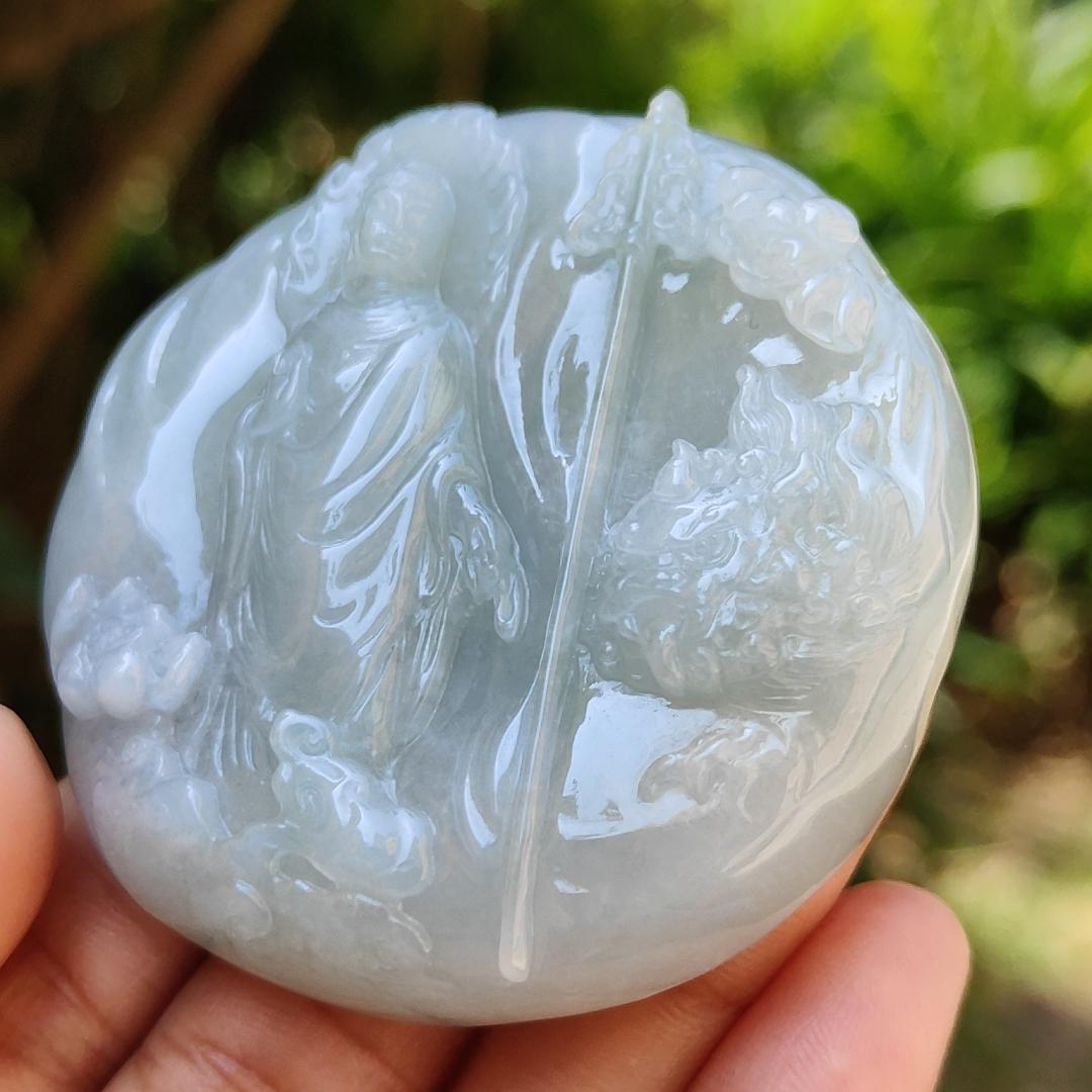 High Quality Light Green Hue Natural Type A Jadeite Jade crafted with Ksitigarbha Bodhisattva as Pendant, certificate weighs 70.75 grams, measurement 54.6 * 54.6 * 12.6 mm (pendant232) Yi Pin Qian