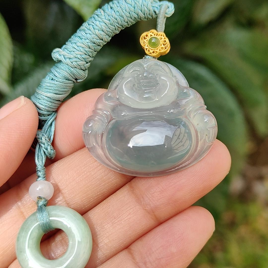Old Pit Icy Bluish Green Natural Type A Jadeite Pendant Necklace crafted as Laughing Buddha with certificate weigh 13.48 grams, 27.7 * 31.6 * 7.2 mm (pendant162) Yi Pin Qian