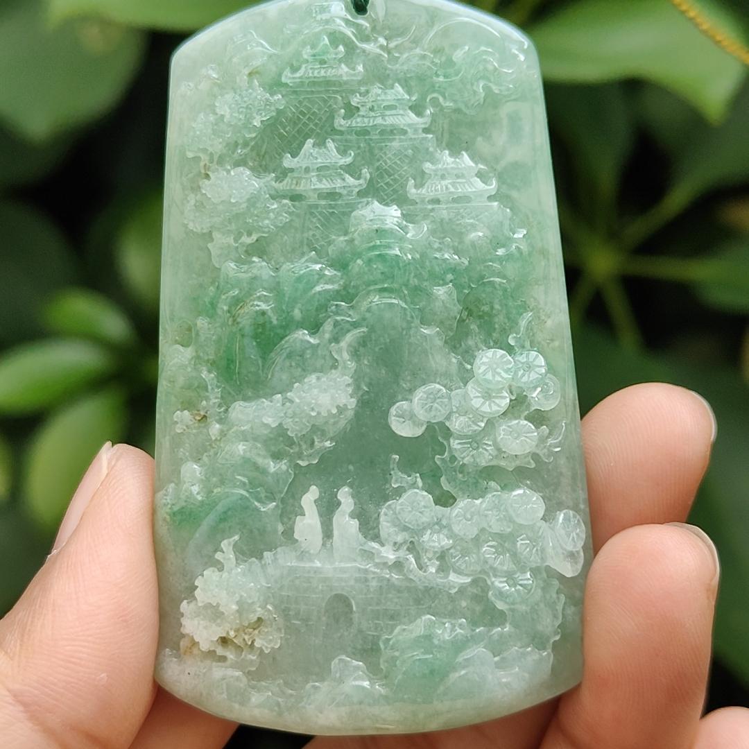 Crafted with Sceneries Pendant on Light Green Natural Type A Jadeite Jade, certificate weighs 63.08 grams, measurement 68.5 * 41.1 * 10.7 mm (pendant350) Yi Pin Qian Jadeites Jade Jewelry ~Your Precious Quintessential ~ Singapore