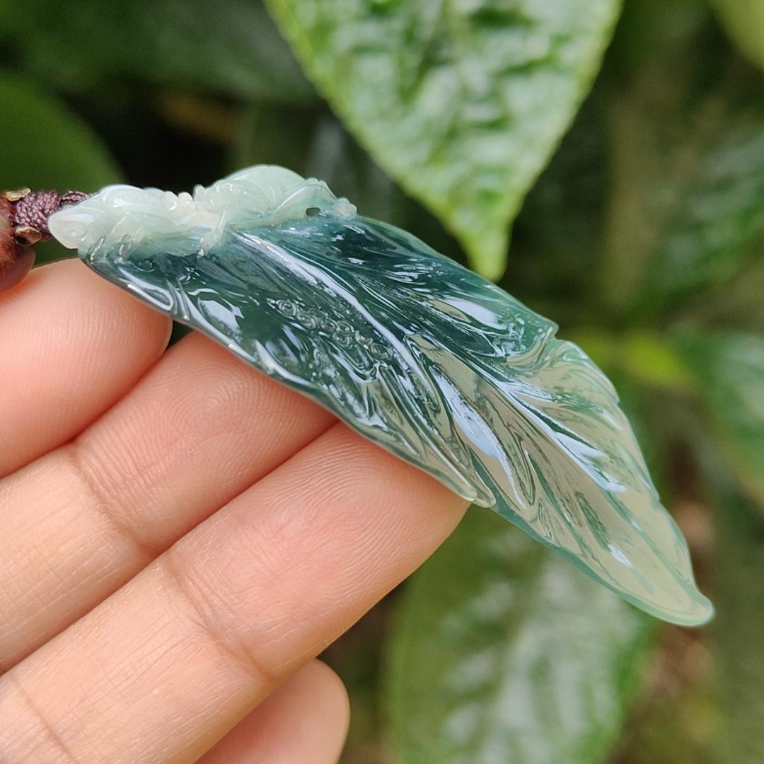 Bluish Dark Green Premium Quality Natural Type A Jadeite Pendant Necklace crafted as leaf with certificate weigh 12.98 grams, 57.7 * 24 * 8 mm, symbols of Great success and rising step by step, career is going smoothly (pendant164) Yi Pin Qian