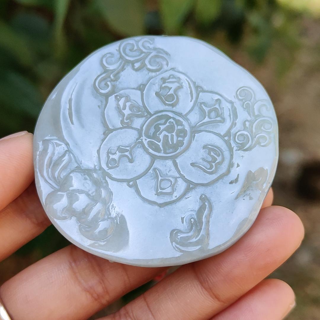 High Quality Light Green Hue Natural Type A Jadeite Jade crafted with Ksitigarbha Bodhisattva as Pendant, certificate weighs 70.75 grams, measurement 54.6 * 54.6 * 12.6 mm (pendant232) Yi Pin Qian
