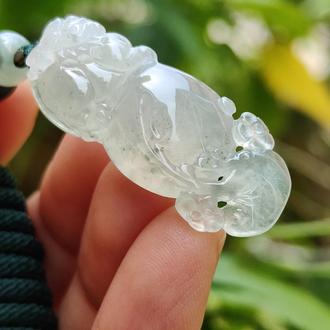 High Quality Icy Translucent Natural Type A Jadeite Jade crafted with Pixiu as Pendant, certificate weighs 6.86 grams, measurement 36.5 * 14.5 * 7.6 mm (pendant261) Yi Pin Qian